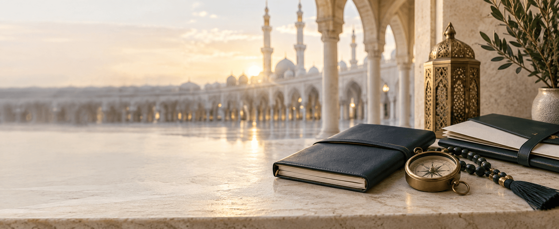 دفتر سفر وبوصلة وملف وثائق في ضوء الصباح الهادئ